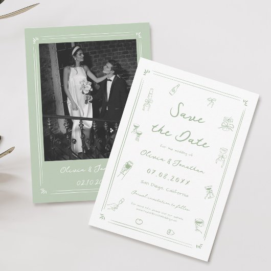 White and Green Hand Drawn Wedding Save the Date 招待状