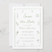 White and Green Hand Drawn Wedding Save the Date 招待状 (正面)