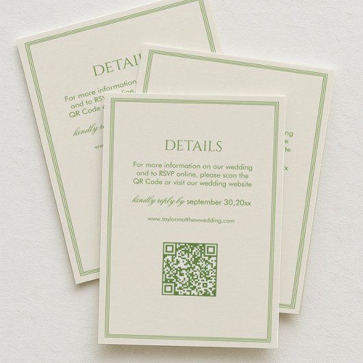 White and Green Wedding Details Qr Code エンクロージャーカード