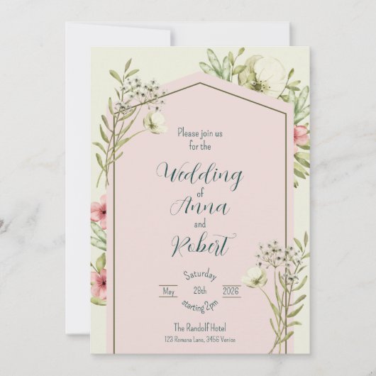 White And Green Wildflowers Geometric Wedding 招待状 (正面)