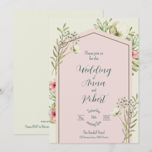 White And Green Wildflowers Geometric Wedding 招待状 (正面/裏面)