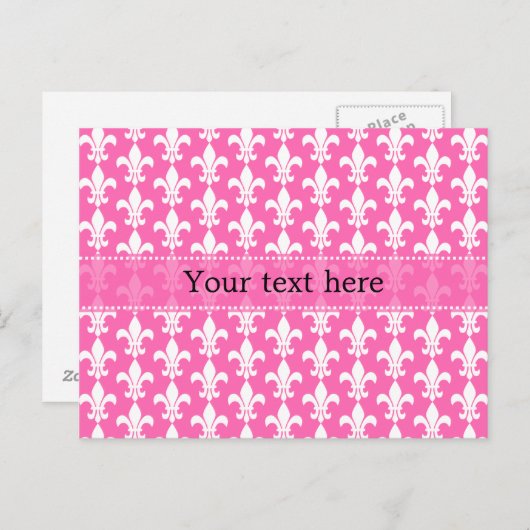 White and Hot Pink Fleur de Lis Pattern ポストカード (正面/裏面)