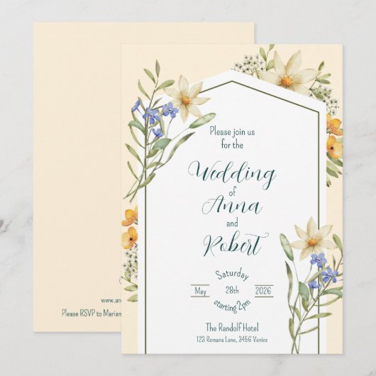 White And Lilac Wildflowers Geometric Wedding 招待状 (正面/裏面)