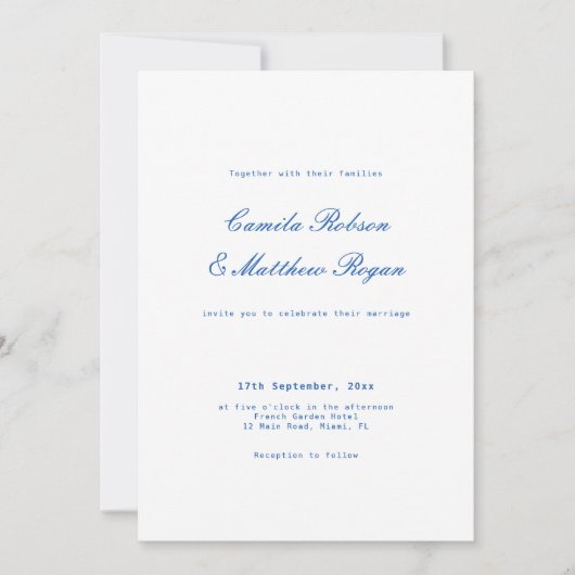 White and Navy Blue Wedding 招待状 (正面)
