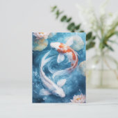White and Orange Koi Fish Swirling in Lotus Pond ポストカード (スタンド正面)