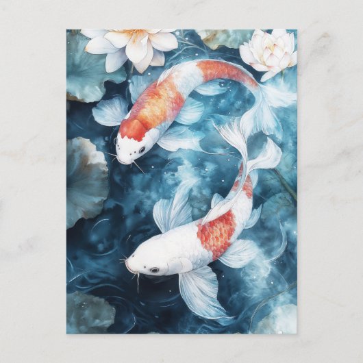 White and Orange Koi Fish Swirling in Lotus Pond ポストカード (正面)