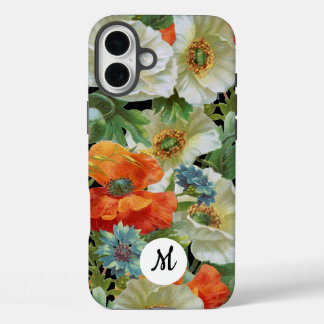 White and Orange Poppies on Black Initial Floral iPhone 16 Plusケース