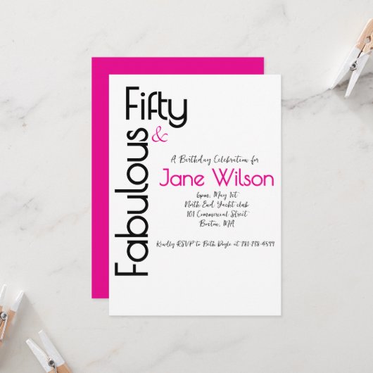 White and Pink 50th Birthday Invitation 招待状 (正面/裏面インサイチュ)