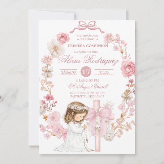 White and Pink Bow Coquette First Holy Communion I 招待状 (正面)
