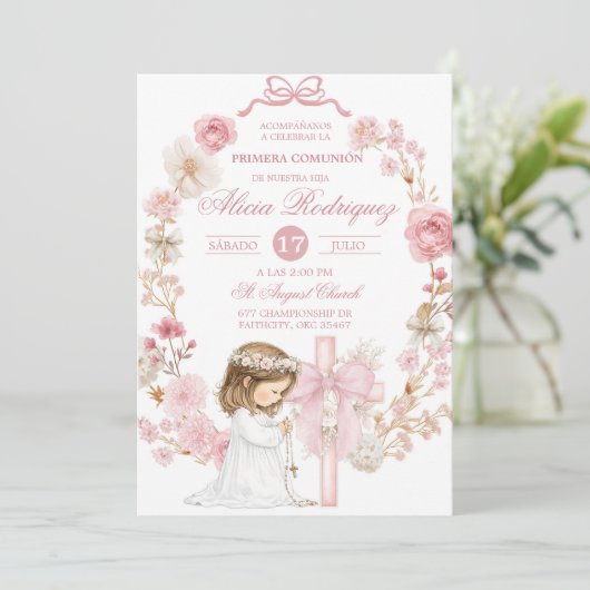 White and Pink Bow Coquette First Holy Communion I 招待状 (スタンド正面)