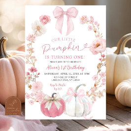 White and Pink Bow Coquette Pumpkin 1st Birthday 招待状