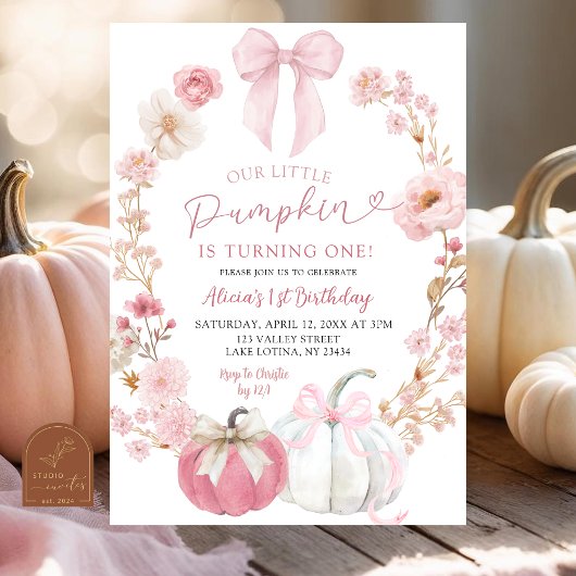 White and Pink Bow Coquette Pumpkin 1st Birthday  招待状