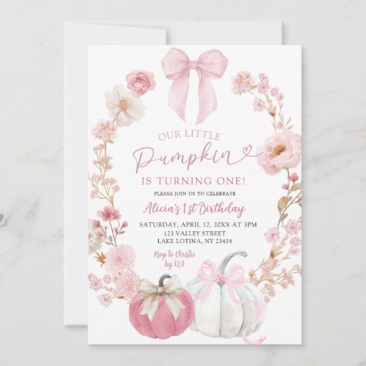 White and Pink Bow Coquette Pumpkin 1st Birthday  招待状 (正面)