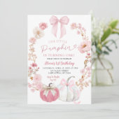 White and Pink Bow Coquette Pumpkin 1st Birthday  招待状 (スタンド正面)