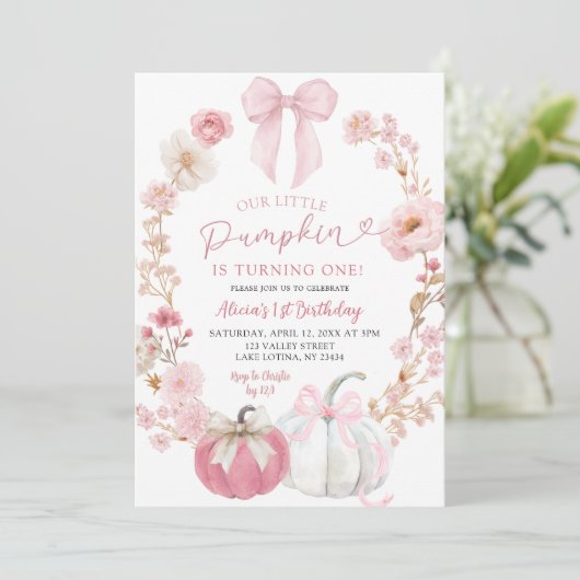 White and Pink Bow Coquette Pumpkin 1st Birthday  招待状 (スタンド正面)
