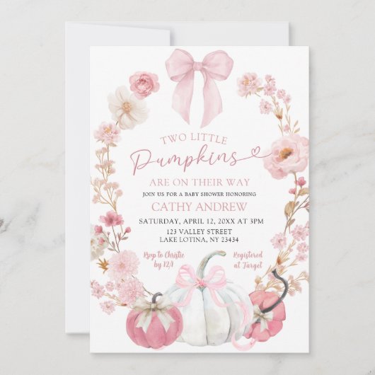  White and Pink Bow Coquette Twins Pumpkin Floral  招待状 (正面)