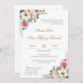 White and pink floral Spanish wedding 招待状 (正面/裏面)