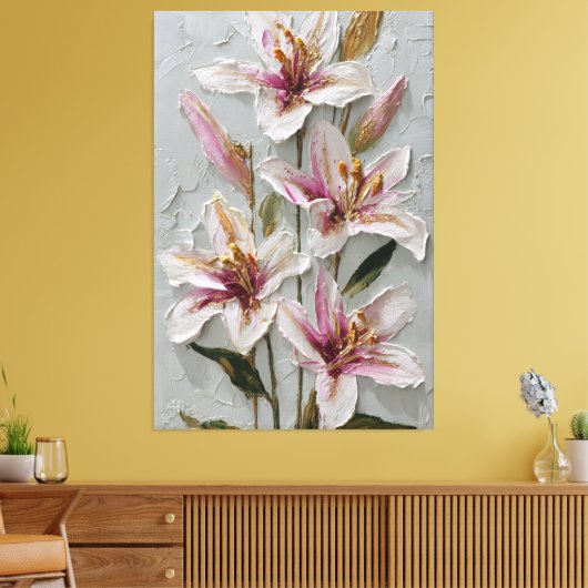 White and Pink Lily Texture Abstract Wall Art キャンバスプリント (インサイチュ (リビング))