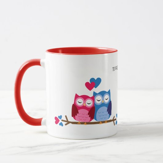 White and Red Ceramic Mug with Romantic Owl Couple マグカップ (左)