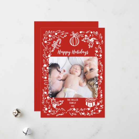 White and red Christmas Photo Card whimsical シーズンカード (正面/裏面インサイチュ)