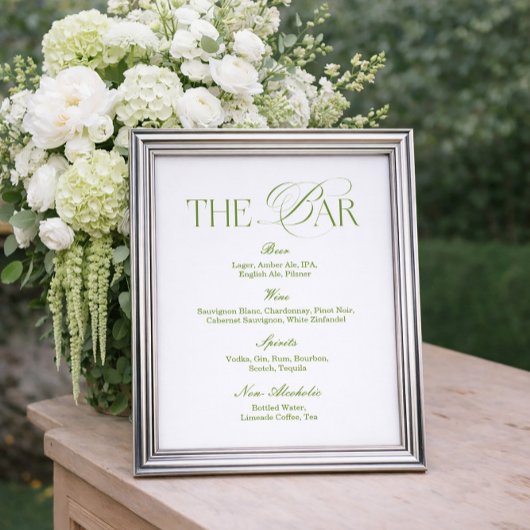 White and Sage Green Wedding Bar Menu Poster ポスター