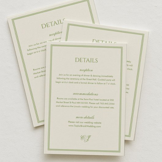 White and Sage Green Wedding Details エンクロージャーカード