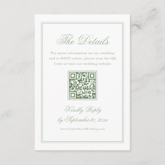 White and Sage Green Wedding Details Qr Code エンクロージャーカード (正面)
