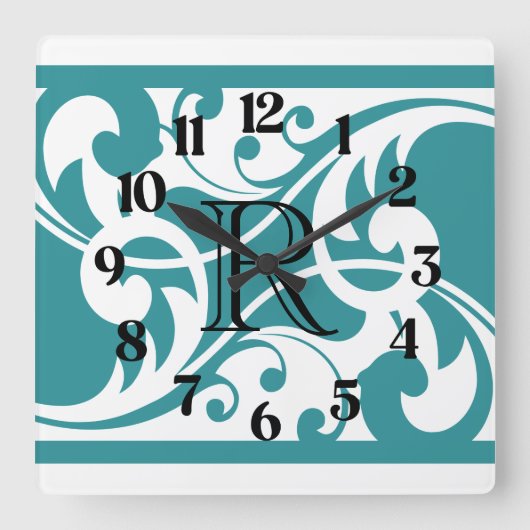 White and Teal Flourish Gold Border Monogram スクエア壁時計 (正面)