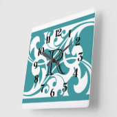 White and Teal Flourish Gold Border Monogram スクエア壁時計 (傾斜)