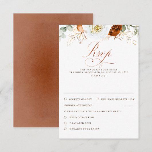 White and Terracotta Flowers Wedding RSVP (正面/裏面)