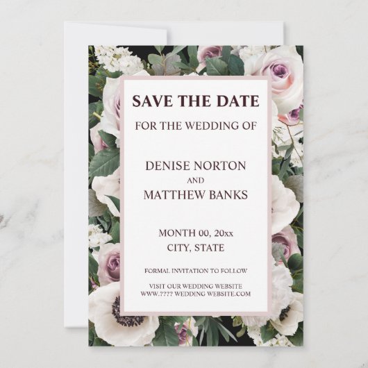 White Anemone on True Black日付Inviを保存 招待状 (裏面)