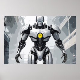 White Armored Cyborg Mecha Sci-Fi Comic Art ポスター