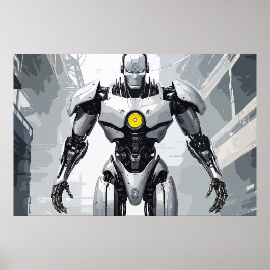 White Armored Cyborg Mecha Sci-Fi Comic Art ポスター (正面)