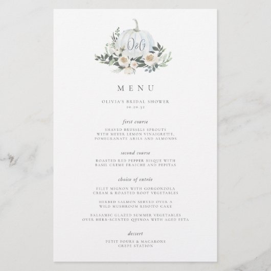 White Autumn Pumpkin Greenery Monogram Event Menu (正面)