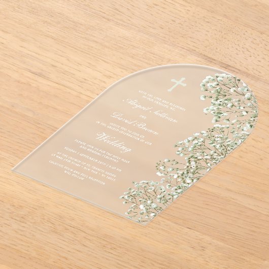 White Baby's Breath Arch Wedding アクリル招待状 (レイダウン)