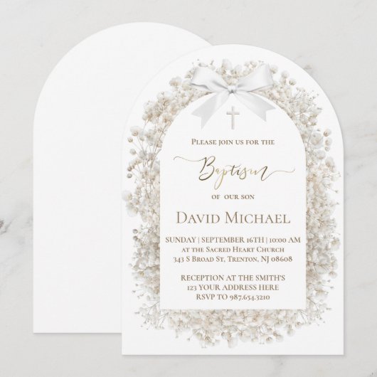  white baby's breath flowers Baptism 招待状 (正面/裏面)