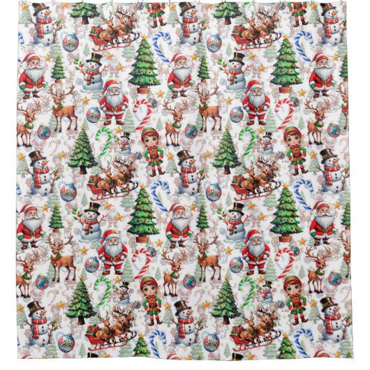 White Background Christmas Decorative Pattern シャワーカーテン (正面)