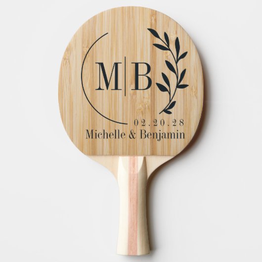 White Bamboo Leaf Wedding Monogram 卓球ラケット (裏面)