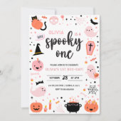 White BG Pink and Orange Halloween 1st Birthday In 招待状 (正面)