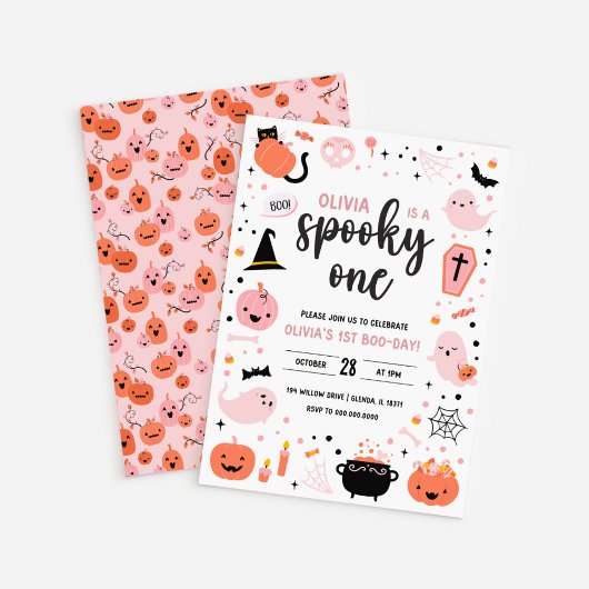 White BG Pink and Orange Halloween 1st Birthday In 招待状
