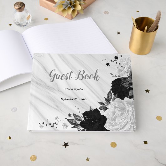 white & black flowers gray botanical marble ゲストブック (正面見開き)