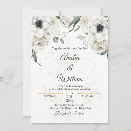 White Black Green Elegant Anemone Wedding 招待状 (正面)