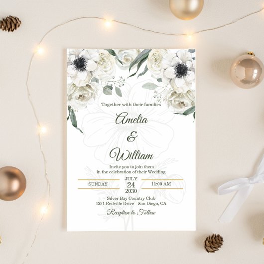White Black Green Elegant Anemone Wedding 招待状