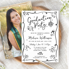 White Black Hand Drawn Doodle Photo Graduate Party 招待状