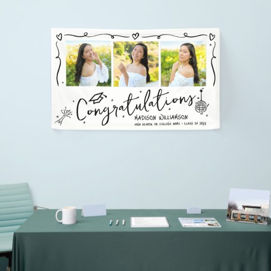 White Black Hand Drawn Doodles Graduation 3 Photo 横断幕 (トレードショー)