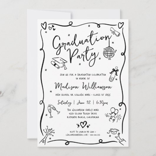 White Black Hand Drawn Doodles Graduation Party 招待状 (正面)