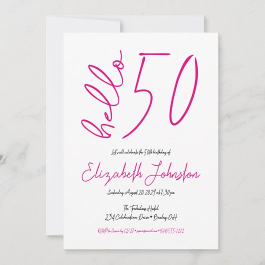White Black Hot Pink Hello 50 Fabulous Birthday 招待状 (正面)
