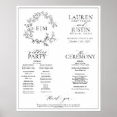 White Black Leafy Crest Monogram Wedding Program ポスター (正面)