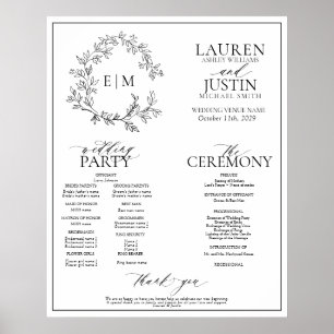 White Black Leafy Crest Monogram Wedding Program ポスター