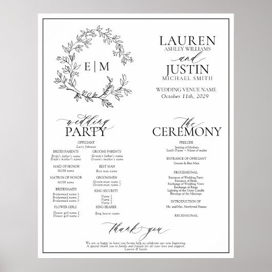 White Black Leafy Crest Monogram Wedding Program ポスター (正面)